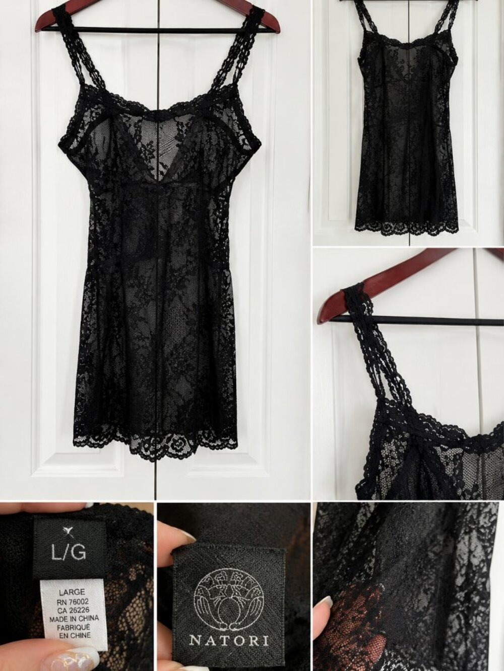 Natori Black Lace Chemise Nightgown Women’s Large Sheer Floral Lingerie Slip.
